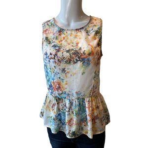 Cynthia Rowley Womens Floral Peplum Blouse Top Sleeveless White Blue Size Small